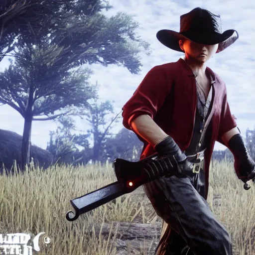 Image similar to killua dual-wielding in red dead redemption 2, cinematic shot, night time