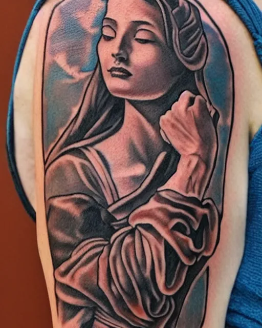 Image similar to renaissance tattoo design, hyper - realistic, in the style of tony santos