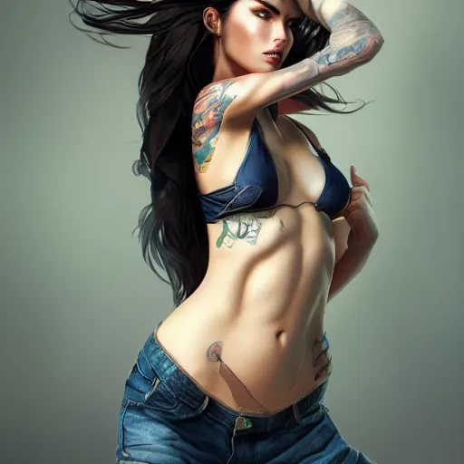 Image similar to full body shot of Megan fox by wlop, rossdraws, mingchen shen, bangkuart, sakimichan, yan gisuka, jeongseok lee, artstation, 4k