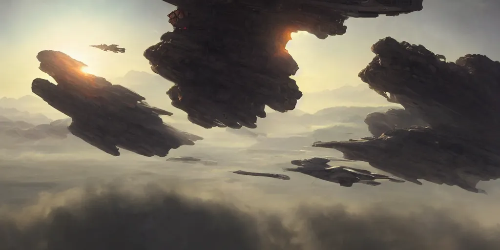 Prompt: a big science-fiction futuristic spaceship flies above mountains and a sea of clouds in the sky in summer, greg rutkowski, james gurney, john howe, unreal engine, artstation