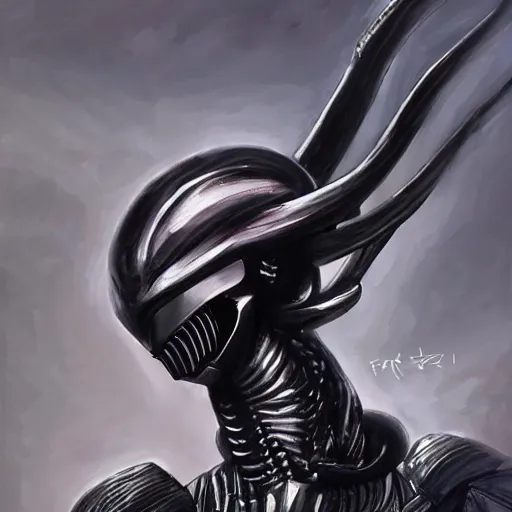 Image similar to a realistic painting by Raffaello Sanzi depicting the Kamen Rider Black with the head of the Xenomorph in the retrofuturism Renaissance,smooth,Sharp focus, trending on Artstation.