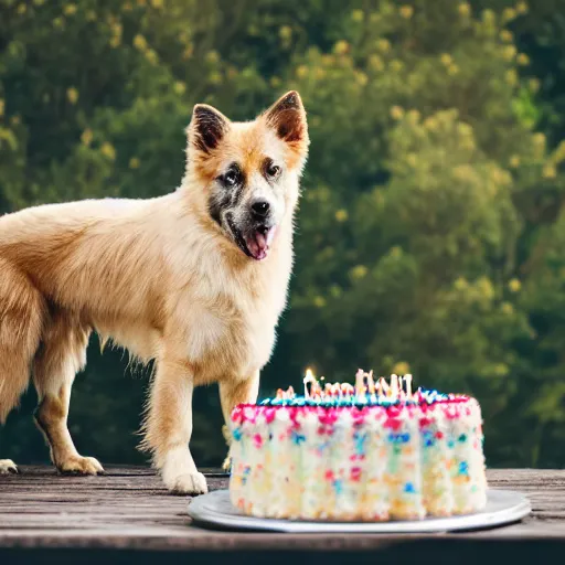 Image similar to a high - quality photo of a romanian shepherd dog with a birthday cake, 4 5 mm, f 3. 5, sharpened, iso 2 0 0, raw, food photography