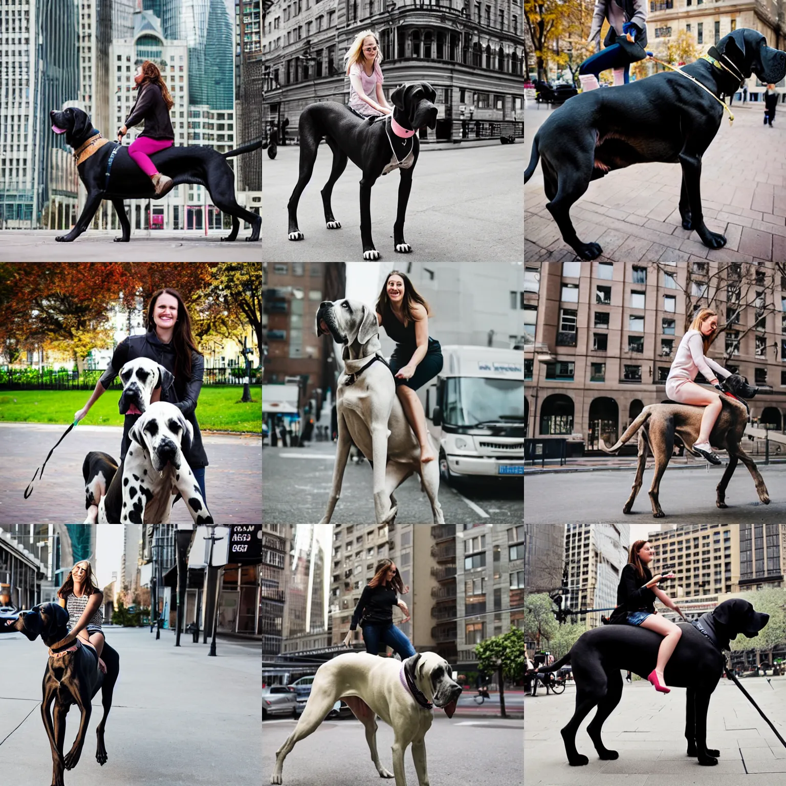 Prompt: girl riding giant great dane in the city