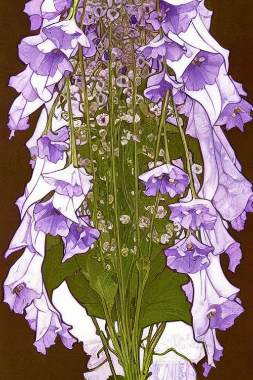 Prompt: a painting of Campanula medium, illustration, elegant, highly detailed, Artstation, by alphonse mucha