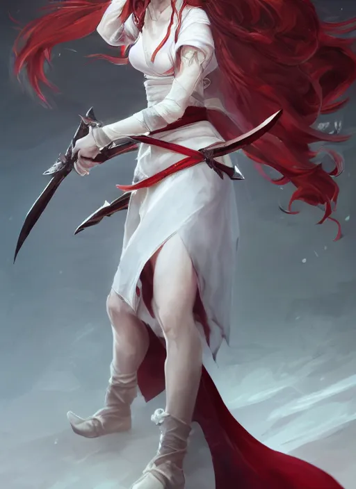 Prompt: a highly detailed illustration of fierce messy ponytail red haired one armed delinquent woman wearing long white tokkoufuku cape, dramatic wielding paper sword pose, intricate, elegant, highly detailed, centered, digital painting, artstation, concept art, smooth, sharp focus, league of legends concept art, wlop.