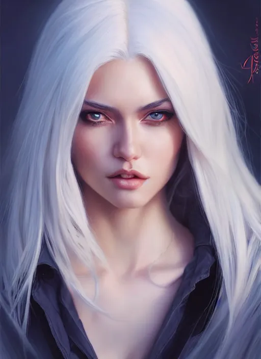 Image similar to a gorgeous female with longwhite hair in the style of stefan kostic, realistic, full body shot, wide angle, sharp focus, 8 k high definition, insanely detailed, intricate, elegant, art by stanley lau and artgerm, floating embers
