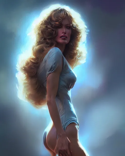 Image similar to photo of farra fawcett, film still, dslr, by greg rutkowski, enoch bolles, ross tran, artgerm, wlop glossy skin, intricate detail, art deco, pearlescent, very coherent, cute