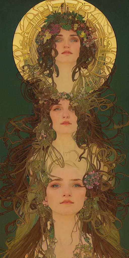 Image similar to a portrait of a beautiful female godess of spring, by Mohrbacher and Moebius and Alphonse Mucha and Roger Deakins, cinematic lighting, masterpiece, highly detailed, 8k resolution, trending on art station