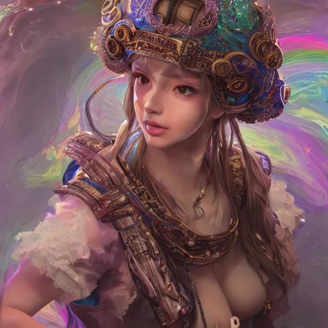 Prompt: studio portrait of neutral good rainbow colorful female cleric bard healer as absurdly beautiful, elegant, realistic young gravure idol looking up, an ultrafine hyperdetailed illustration by kim jung gi, intricate linework, detailed symmetrical faces, super sharp focus, bright colors, octopath traveler, unreal engine 5 highly rendered, global illumination, radiant light