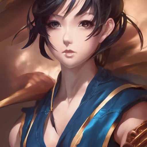 Image similar to A beautiful semi realistic anime portrait of Chun li half body by Stanley Artgerm Lau, WLOP, Rossdraws, James Jean, Andrei Riabovitchev, Marc Simonetti, and Sakimichan, tranding on artstation, WLOP, rossdraws, Logan Cure, Mingchen Shen, BangkuART, sakimichan, yan gisuka, JeonSeok Lee, zeronis, Chengwei tranding on artstation