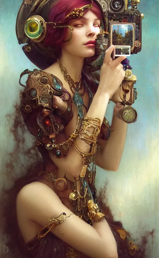 Image similar to hyper realistic photographer taking a picture, magical, gems, jewels, gold, steampunk, cyberpunk utopia, painted by tom bagshaw, mucha, gaston bussiere, craig mullins, j. c. leyendecker 8 k