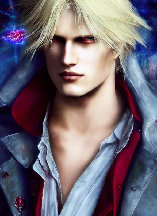 Prompt: a handsome blond dante from devil may cry mixed with johan liebert alucard, super evil scintillating fiery radiance, long curly blond hair, very very pale blond hair, fighting with angles glitching out from his psychic resonant presence, very very extreme heavy chromatic aberration, by Julian calle, wlop, Denis Villeneuve, greg rutkowski and thomas kinkade, Finnian MacManus, Syd Mead, Trending on artstation, white and yellow scheme, 8k, wide-angle lens, Unreal Engine