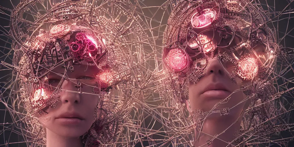 Image similar to a female saints rose robot head made of gears and wires is flying in the fantasy forest by merriam, daniel, intricate mechanical details, futuristic, 2 k aesthetic, dramatic lighting, concept art, 4 k, 3 d octane render, pink and red colors, provenance, detailed, trending on artstation