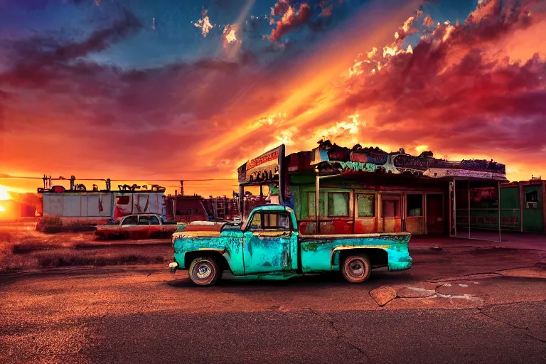 Image similar to a sunset light landscape with historical route 6 6, lots of sparkling details and sun ray ’ s, blinding backlight, smoke, volumetric lighting, colorful, octane, 3 5 mm, abandoned gas station, old rusty pickup - truck, beautiful epic colored reflections, very colorful heavenly, softlight