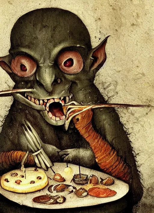 Image similar to medieval goblin eating cakes painted by hieronymus bosch, detailed digital art, trending on Artstation