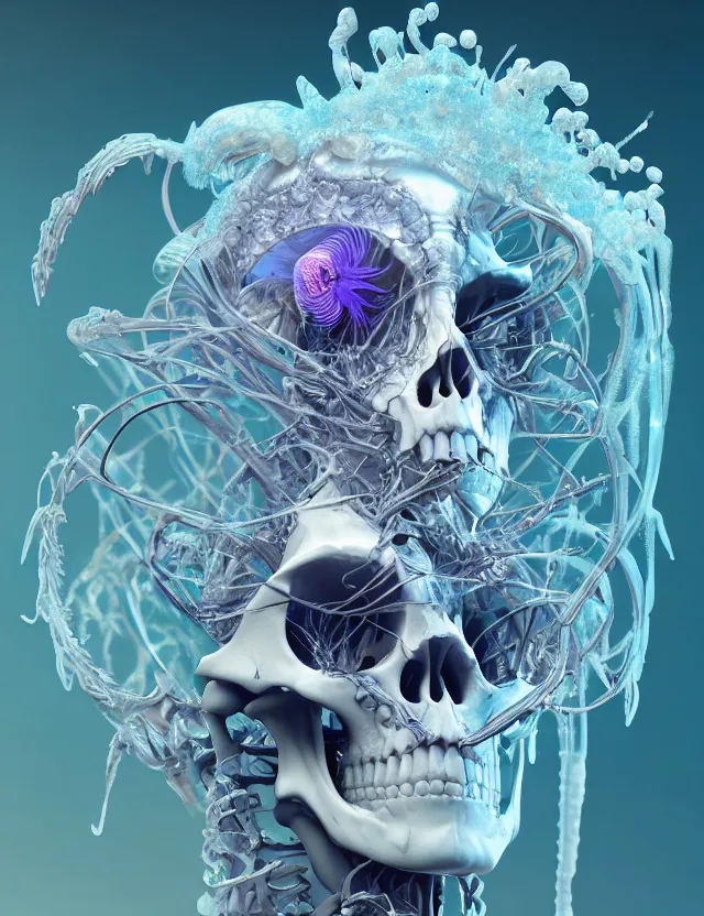 Image similar to 3 d goddess skeleton macro close - up portrait with crown made of ram skull. betta fish, jellyfish phoenix, bioluminiscent, plasma, ice, water, wind, creature, super intricate ornaments artwork by tooth wu and wlop and beeple and greg rutkowski