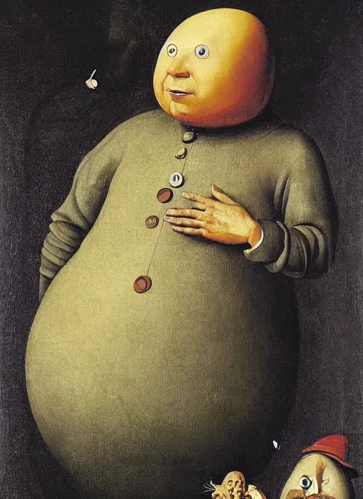 Prompt: full body detailed painting of silly round humpty dumpty with jack black facial expression, realistic, hieronymus bosch