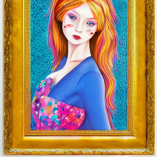 Prompt: beautiful young scottish woman with pale skin and blue eyes by lisa frank