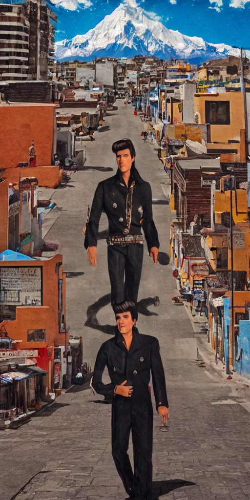 Prompt: a concept art of elvis presley in the streets of la paz, with the illimani in the background, profesional photography, 1 4 mm, cinematic photography, high resolution, artstation, digital painting, 4 k