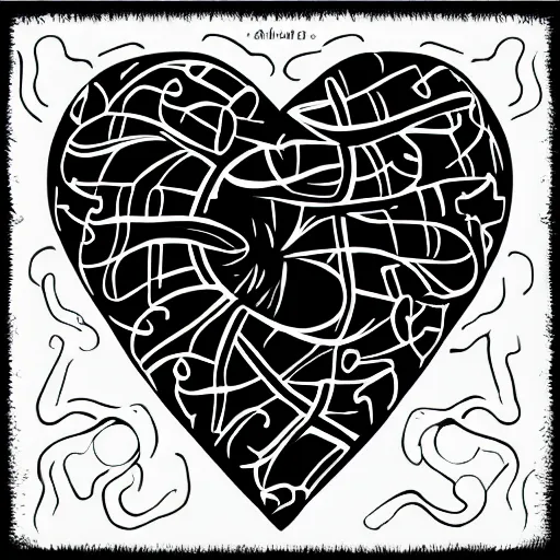 Prompt: clean black and white print, logo of an heart with a stylized human body form inside