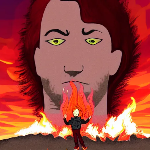 Image similar to a comic - like red haired boy with red eyes and surrounded by fire and a red sky