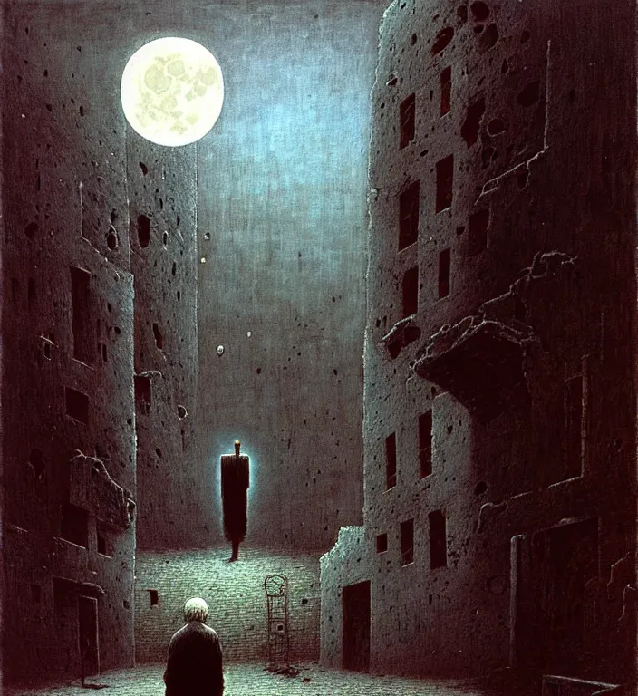 Prompt: old white - headed man under the huge moon on a street of ruined city by beksinski