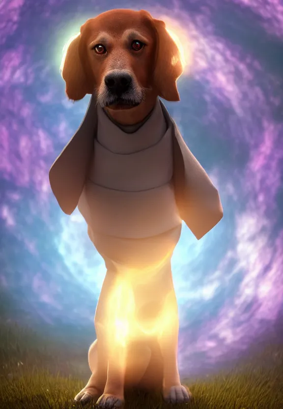 Image similar to a portrait of a dog wearing a robe in heaven, circular, glowing, circle, unreal engine, octane render, artstation, digital art.