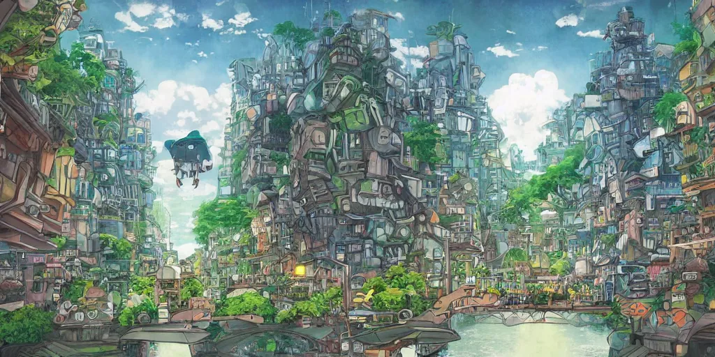 Image similar to future city covered by forest creature, flying, culture, smooth, by studio ghibli