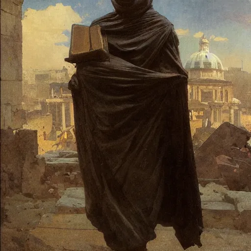 Image similar to half portait of magican wearing a closed cowl and carrying big old book! jeremy mann, jean leon gerome, tiepolo, alphonse mucha, greg rutkowski, face in the shadows, ( ( ruins of ancient rome ) ), at dusk, mysterious atmosphere, sunrays, dof, masterpiece, high detailed, 8 k