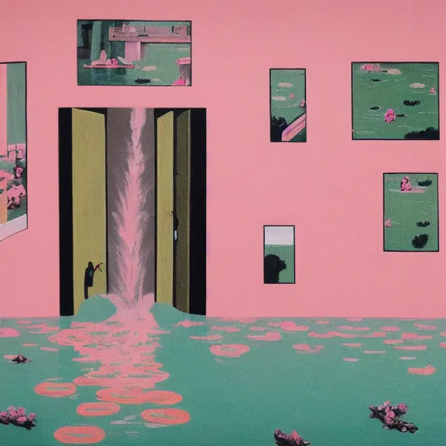 Image similar to painting of flood waters inside an apartment, pastel pink, tall female emo art student, a river flooding through a wall, tangelos, zen, pigs, ikebana, water, river, rapids, waterfall, black swans, canoe, pomegranate, berries dripping, acrylic on canvas, surrealist, by magritte and monet