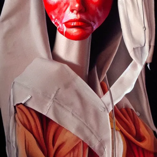 Image similar to detailed details photorealistic puppet nurse ghost in the style of bob peak and alex ross, gouache and wash paints color, detailed details facial and body and human and environments and proportionate, detailed 5 k details.