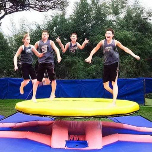 Prompt: “Spartans jumping on trampoline”