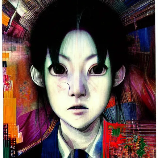 Image similar to yoshitaka amano blurred and dreamy three quarter angle portrait of a girl with white hair and black eyes wearing dress suit with tie, playstation 2 horror game, junji ito abstract patterns in the background, satoshi kon anime, chungking express color palette, noisy film grain effect, highly detailed, renaissance oil painting, weird portrait angle, blurred lost edges