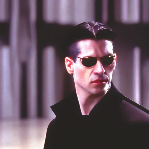 Image similar to a film still of gerard depardieux playing neo in matrix ( 1 9 9 9 ), 4 k, highly detailed, anamorphic