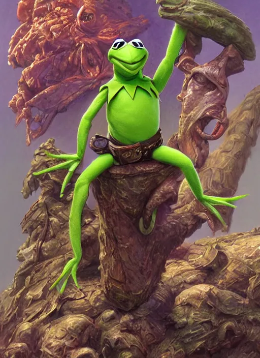 Image similar to portrait of kermit the frog in masters of the universe ( 1 9 8 7 ), highly detailed, centered, solid color background, digital painting, artstation, concept art, smooth, sharp focus, illustration, artgerm, donato giancola, joseph christian leyendecker, les edwards, ed repka, wlop, artgerm