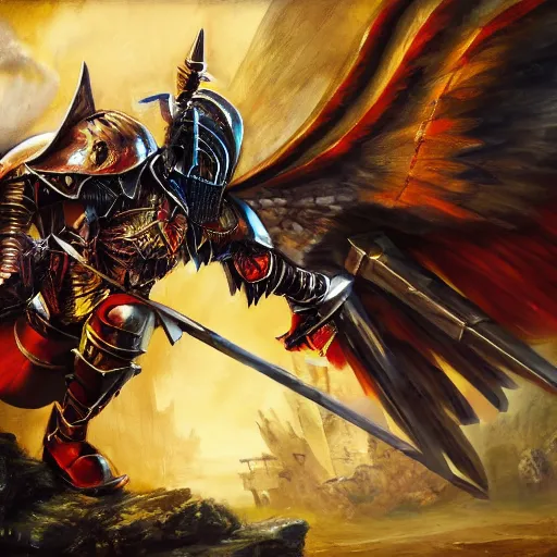 Prompt: a winged knight with epic edgy armor and weapons readying a blast of magic to destroy an entire town. 8K high resolution. Oil painting. High detail and beautiful colors.