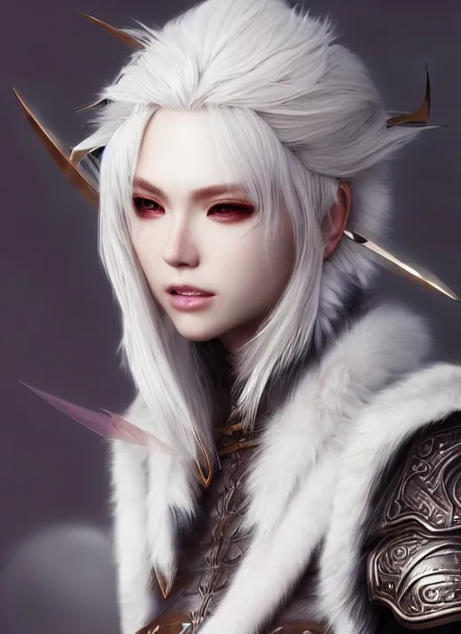 Image similar to warrior, fur leather armor!!! beautiful and elegant white hair female!! gorgeous ayes!! character concept art, sharp focus, octane render! unreal engine 5! highly rendered!! trending on artstation!! detailed linework!! illustration by artgerm, wlop, and chie yoshii