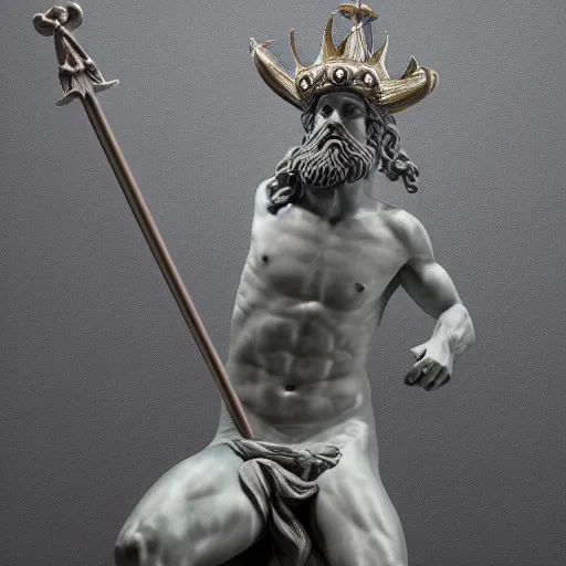 Prompt: statue of Poseidon with trident and crown, studio lighting, grey background