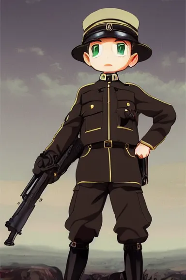Prompt: beautiful little boy in nazi male uniform posing with an gun. made in abyss art style, sharps focus, cute detailed artwork, anatomically correct, ilya kuvshinov, reflection, perfect composition, wallpaper mobile, digital art, detailed anime soft face, symmetrical face, western comic, illustration, realistic, smooth, lois van baarle, soft details, illumination