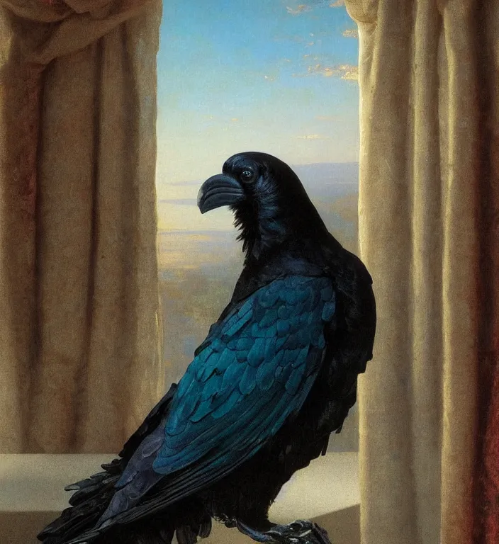 Image similar to a beautifully photoreal clear detailed victorian portrait of a close up raven on a victorian windowsill with an ornate velvet dark teal curtain at beautiful sunset daytime nature sunlit painting by frederic leighton and turner and rosetti, 8 k, octane render