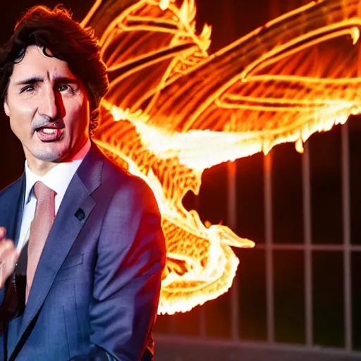 Prompt: Justin Trudeau breathing fire like a dragon at his enemy across from him President Obama, Studio lighting, shallow depth of field. Professional photography City at night in background, lights, colors,4K