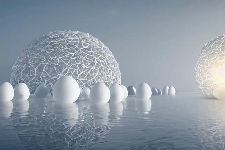 Prompt: a biological cell mandalay sphere fractal architecture composed of many white spherical egg shaped spaces arranged up and down. on the calm lake, people's perspective, future, wood, marble, award winning, highly detailed 4 k art, dusk, unreal engine highly rendered, global illumination, radial light, internal environment by kazuyo sejima