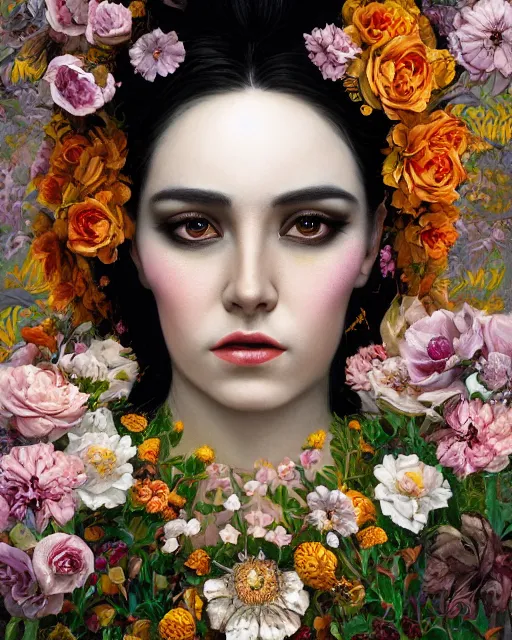 Image similar to portrait of the mexican queen of the underworld, surrounded by flowers by karol bak, james jean, tom bagshaw, rococo, sharp focus, trending on artstation, cinematic lighting, hyper realism, octane render, 8 k, hyper detailed.