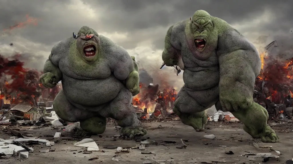 Image similar to a huge violent angry ogre huge violent angry ogre huge violent angry ogre stomps through background smashed trailer homes, people looking on in astonishment