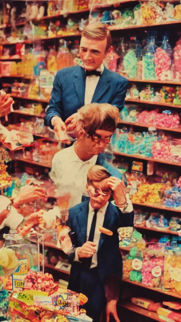 Prompt: closeup 6 0 s photo of a business man in a candy shop, kodachrome