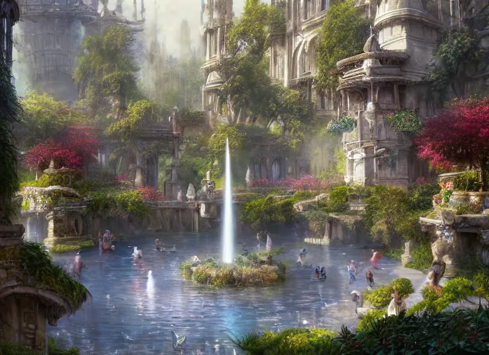 Image similar to a wide open courtyard in a beautiful elven city made of ivory and silver, vivid colors, lush trees, flowers, ponds, fountain, subsurface scattering, volumetric lighting, concept art, fantasy digital painting by James Gurney, by Greg Rutkowski, trending on Artstation, highly detailed