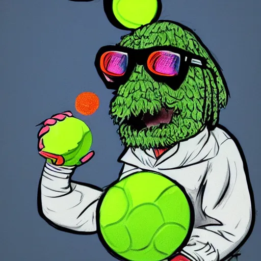 Image similar to snoop dogg tennis ball monster ,tennis ball, digital art, smoke, fantasy,chalk, magic, trending on artstation, ultra detailed, professional illustration by Basil Gogos