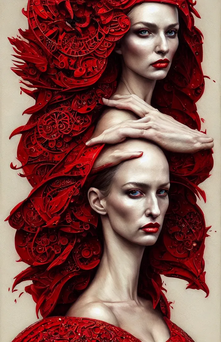 Image similar to epic professional portrait of gorgeous thin white woman, perfect face, armoured red dress, painted, intricate, detailed, by leesha hannigan, wayne haag, reyna rochin, ignacio fernandez rios, mark ryden, iris van herpen, artstation, cgsociety, epic, stunning, gorgeous, much wow.