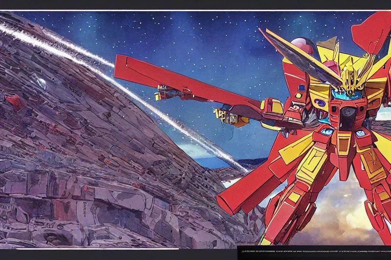 Image similar to full page illustration, Jean Giraud designed a gundam while on acid in the desert, 8k, hd, high resolution