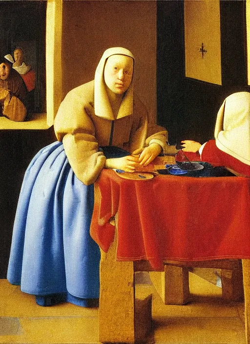 Image similar to Young man sitting at the table with young pretty blonde girl at the crowded inn. Medieval painting by Jan van Eyck, Johannes Vermeer, Florence